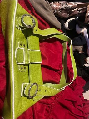Franco Sarto Lime Green Shoulder Bag with White Trim and Silver Buckles